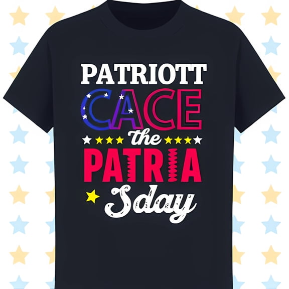 Patriotic Black T-Shirt with Bold 'PATRIOTT CACE the PATRIA Sday' Graphic and Stars