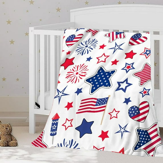 Patriotic Blanket - American Flag Star Throw Blanket for Sofa Couch Bed, Soft Microfiber Sherpa Fleece Reversible, USA Military Veteran July 4th Gift - 28x40 Inches
