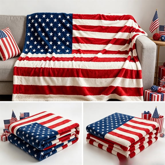 Patriotic Blanket - American Flag Throw Blanket for Sofa Couch Bed, Soft Microfiber Sherpa Fleece Reversible, USA Military Veteran July 4th Gift