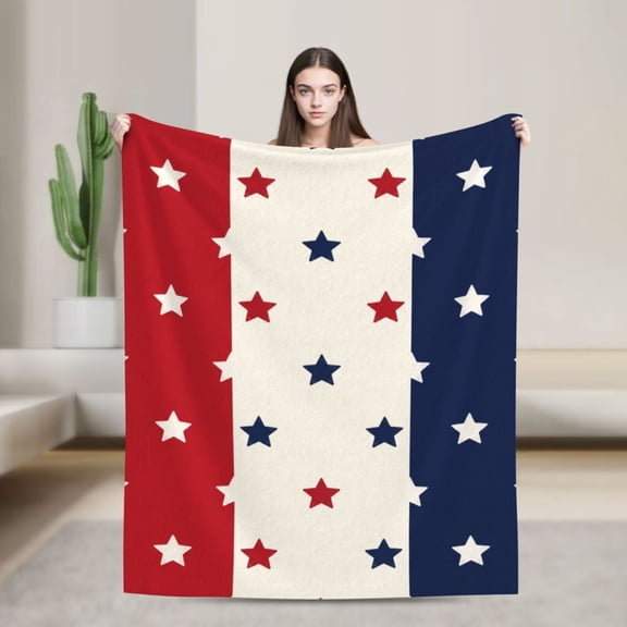 Patriotic Blanket, Soft All-Season Flannel Throw with Red White Blue Stars and Stripes for Office and Car 50x40