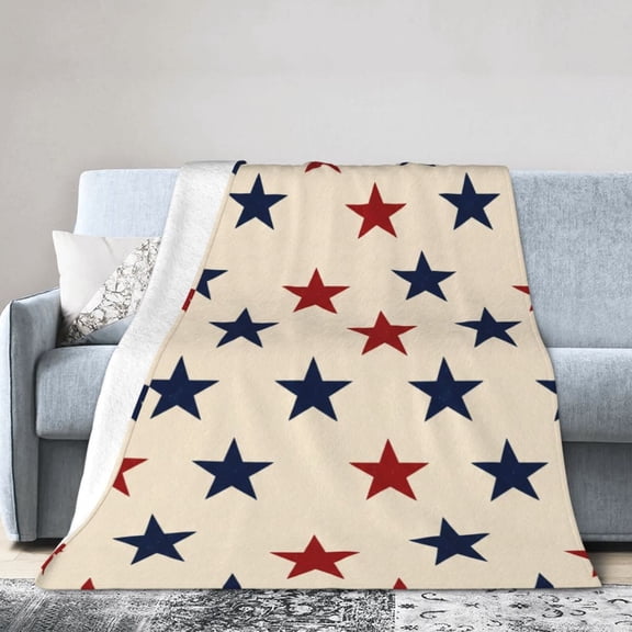 Patriotic Blanket - Soft Flannel Red and Blue Star Print Throw, Festive Decor for 4th of July 50x40