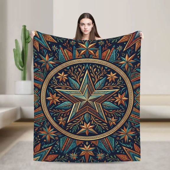 Patriotic Blanket with American Flag & Blue Star Pattern, Soft Flannel Accent Throw for Living Room 50x40