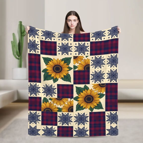 Patriotic Blanket with Faux Patchwork Design, Cozy Soft Flannel Throw for Rustic Home Decor 50x40
