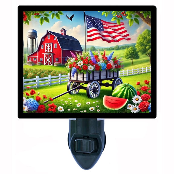 Patriotic Bliss Night Light American Flag with Red Barn, Flower Wagon and Summer Farm Scene, Fourth of July Country Dcor Includes Free Switchable Insert