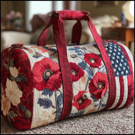 Patriotic Bloom Quilted Duffle Ba with Adjustable Strap,Travel Weekender Bag