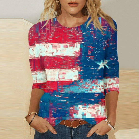 Patriotic Blouse Women 4th of July Womens Shirt Patriotic Womens Shirt Womens Fourth of July Shirt Women's Independence Day Printed 3/4 Sleeve Round Neck Pullover Fashionable Top