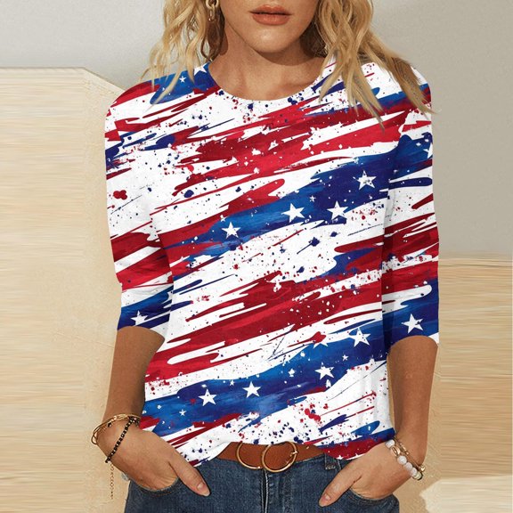 Patriotic Blouse Women 4th of July Womens Shirt Patriotic Womens Shirt Womens Fourth of July Shirt Women's Independence Day Printed 3/4 Sleeve Round Neck Pullover Fashionable Top