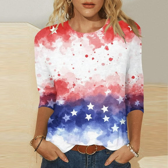 Patriotic Blouse Women 4th of July Womens Shirt Patriotic Womens Shirt Womens Fourth of July Shirt Women's Independence Day Printed 3/4 Sleeve Round Neck Pullover Fashionable Top