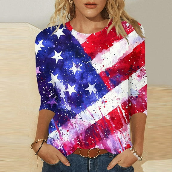 Patriotic Blouse Women 4th of July Womens Shirt Patriotic Womens Shirt Womens Fourth of July Shirt Women's Independence Day Printed 3/4 Sleeve Round Neck Pullover Fashionable Top