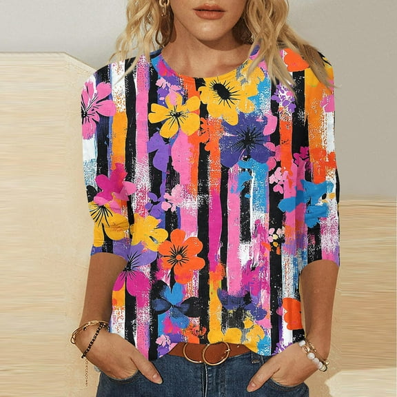 Patriotic Blouse Women 4th of July Womens Shirt Patriotic Womens Shirt Womens Fourth of July Shirt Women's Independence Day Printed 3/4 Sleeve Round Neck Pullover Fashionable Top