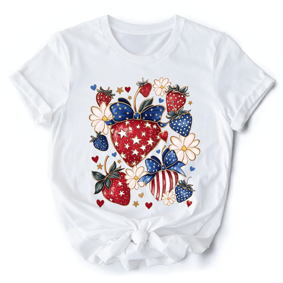 Patriotic Boho Strawberries Bouquet T-Shirt, 4th of July Festive Patch Tee