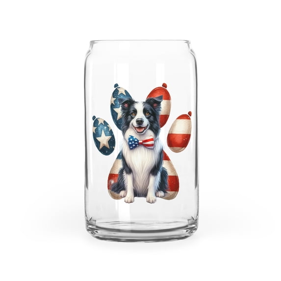 Patriotic Border Collie 4th of July Independence Paws 16oz Glass Cup Mug Borders Dog Lovers Gifts Idea Glass Can - 02010