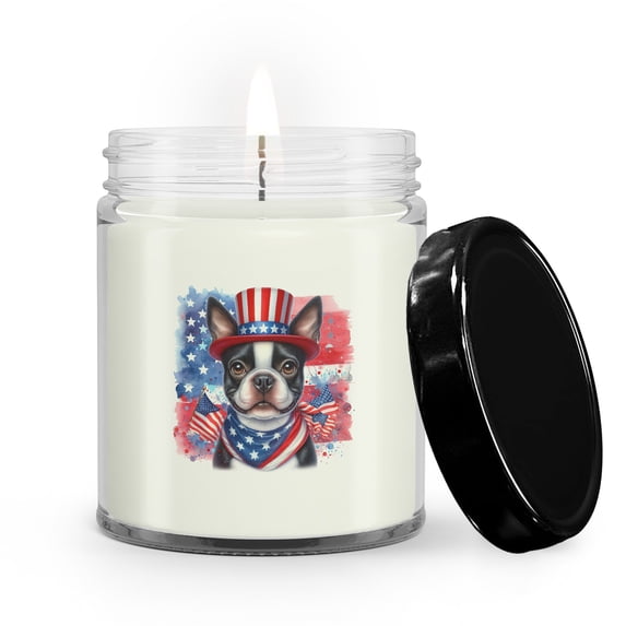 Patriotic Boston Terrier Celebrates 4th of July Soy Wax Candle Gentleman Dog Lover Gifts 9oz White Birch & Black Pepper Candle - 02009