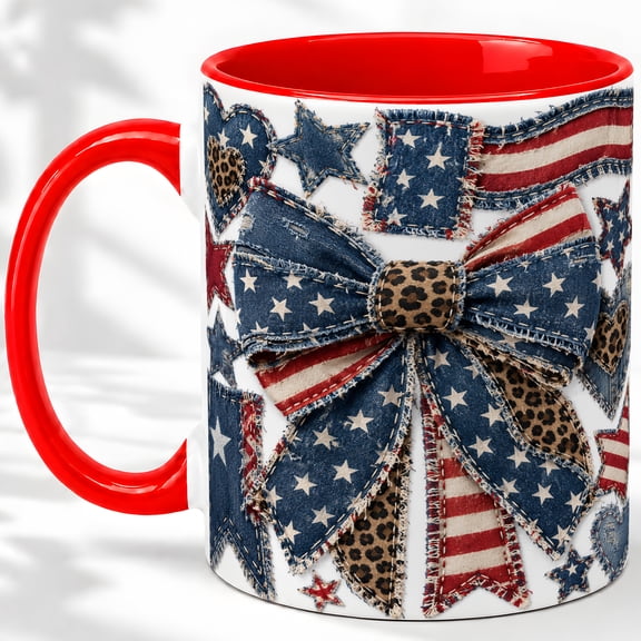 Patriotic Bow Accent Mug, 11oz Ceramic Coffee Cup for Americana Decor