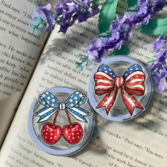 Patriotic Bow Cherry Phone Grip, USA Flag Ribbon Phone Stand Holder, America 250 Years Anniversary Phone Stand, Fourth of July Phone Accessory