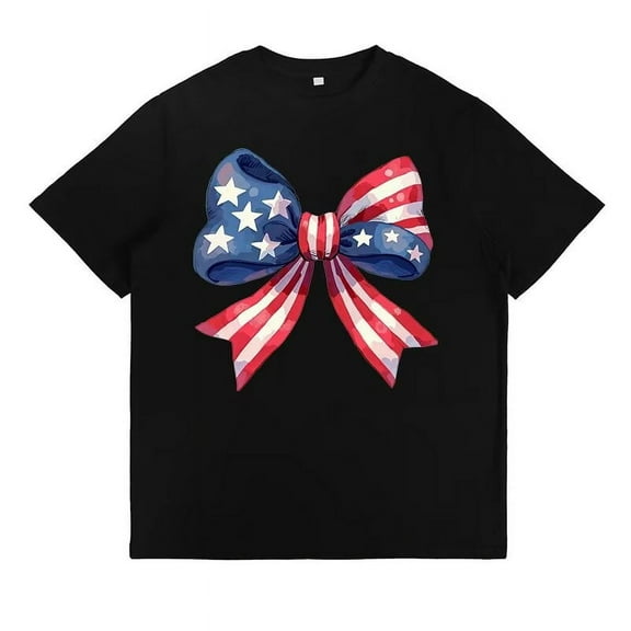 Patriotic Bow Flag Pattern Tops for Womens Fashion Graphic Tees Short Sleeve Cotton T Shirts Black,S