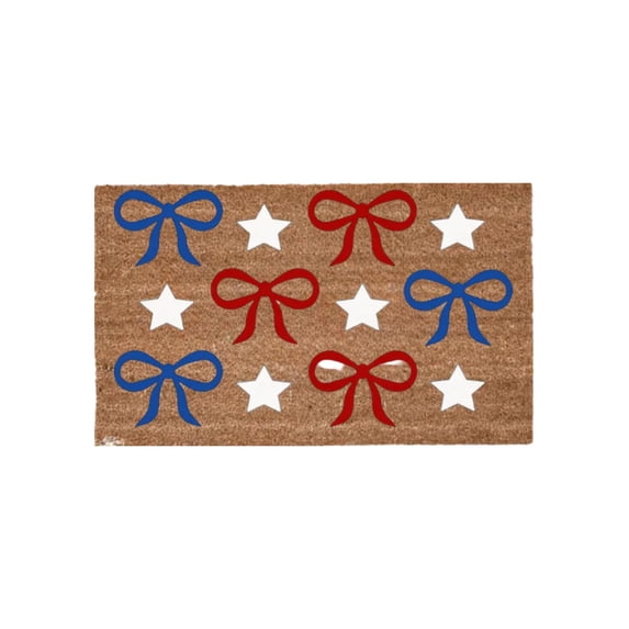 Patriotic Bow & Star Coir Doormat, 24"x16" Red White Blue Entryway Mat, 4th of July Non-Slip Welcome Rug for Front Door