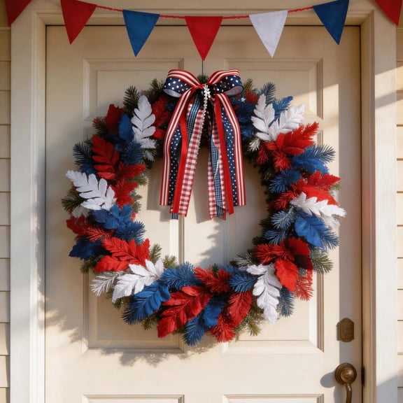 Patriotic Bow for Wreath, American Flag Bows for Front Door Decoration, 4th of July Wreath Decorations, Memorial Day Blue Bow Decor - Large Mailbox & Tree Topper Bows (Classic Patriotic)