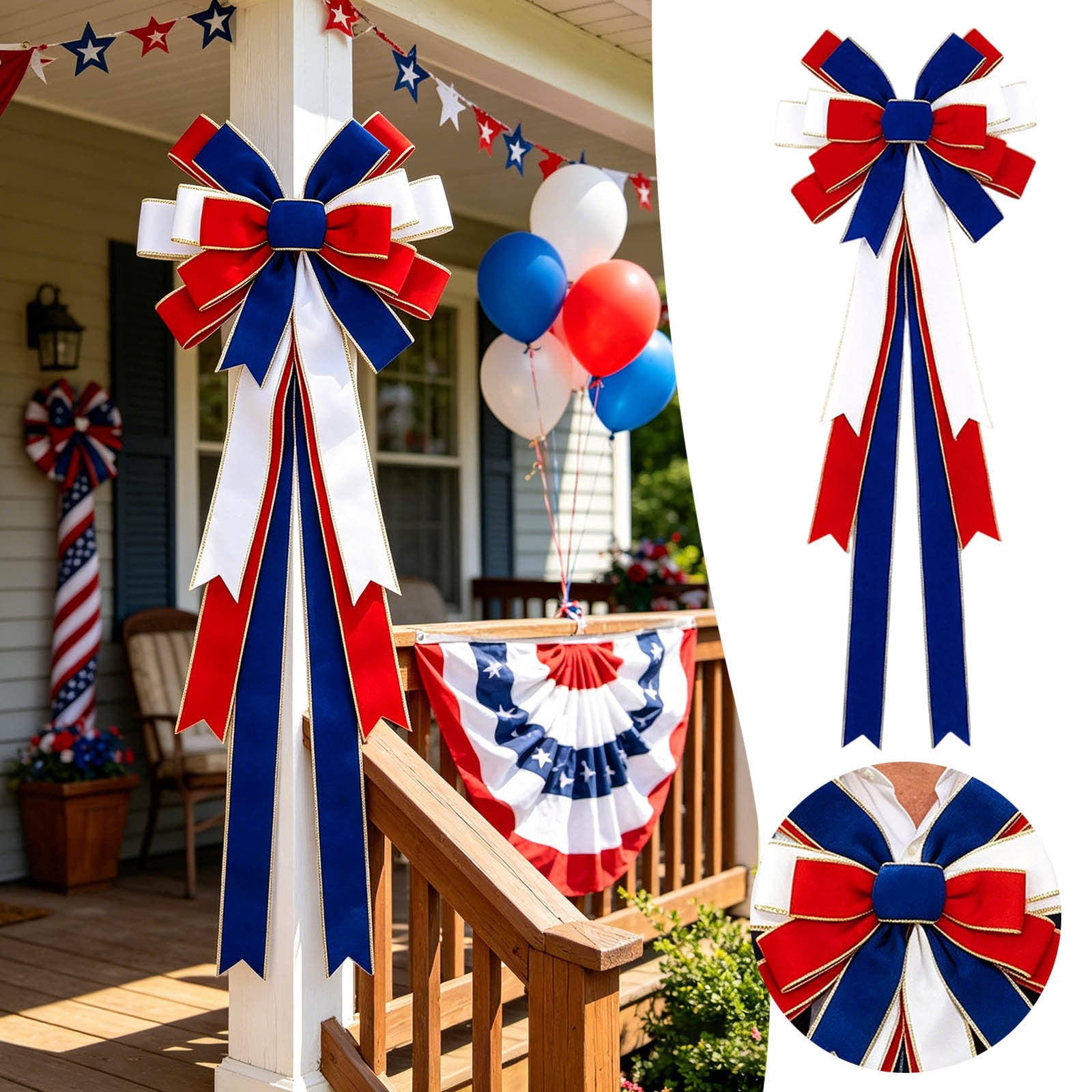 Patriotic Bow Wreath Hanging Red White Blue Ribbon Bow Ornament with Gold Trim 250th Anniversary Bow Garland for Independence Day 4th of July Porch Door and Party Decor