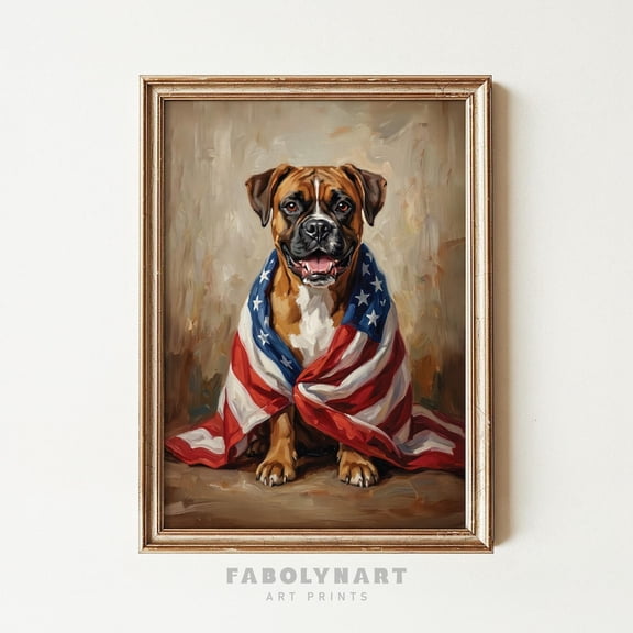 Patriotic Boxer American Flag Dog Painting Dog Lover Poster Unframed Paper Print