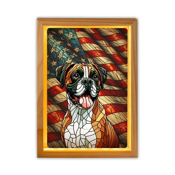 Patriotic Boxer Stained Glass Portrait American Flag Acrylic Plaque with Wood Photo Frame Box Boxers Dog Lover Gifts Idea Light Box - 01010