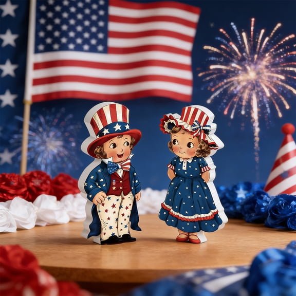 Patriotic Boy & Girl Figurine Set of 2, 6.02 Inch Red White Blue PVC Tabletop Decor for Independence Day