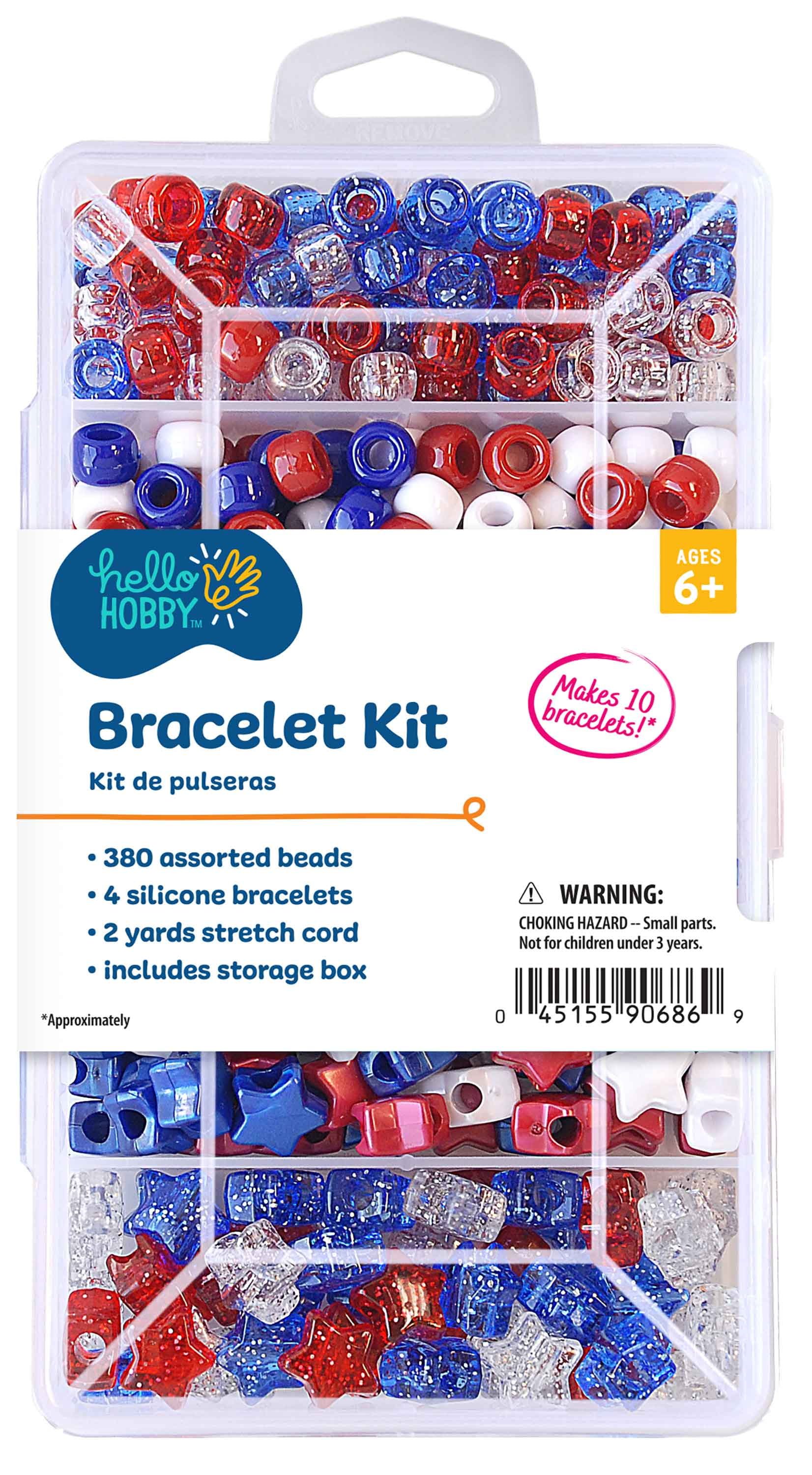 Hello Hobby - Patriotic Bracelet Kit - Makes 10 Bracelets - Plastic Beads and Cord included - USHH6651