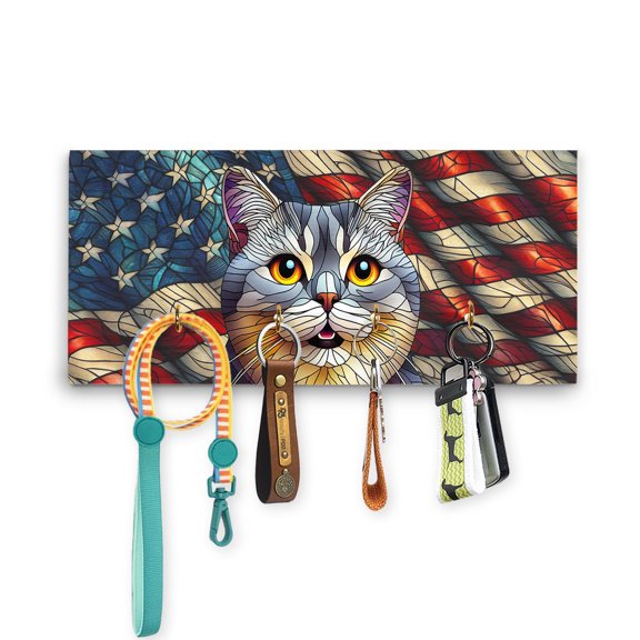 Patriotic British Shorthair Stained Glass Portrait American Flag Wood Key Holder Cat Lover Kitten Owner Gifts Wall-mounted Key Rack Home Decor - 01010