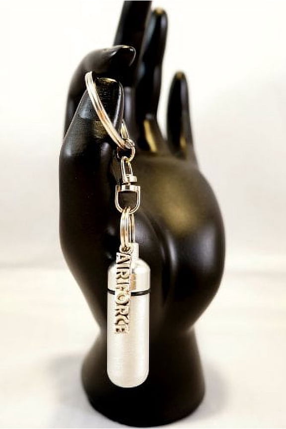 Patriotic Brushed Silver AIR FORCE CREMATION URN with ENGRAVED US FLAG on Swivel Stainless Steel Keychain - Includes Velvet Pouch & Fill Kit