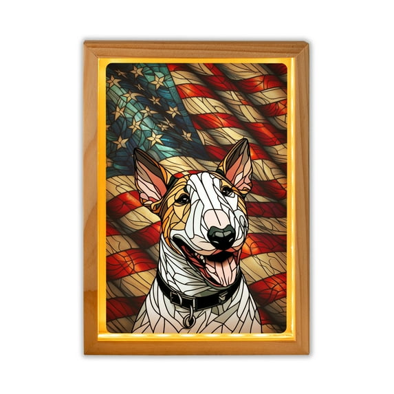 Patriotic Bull Terrier Stained Glass Portrait American Flag Acrylic Plaque with Wood Photo Frame Box Bully Dog Lovers Gifts Idea Light Box - 01010