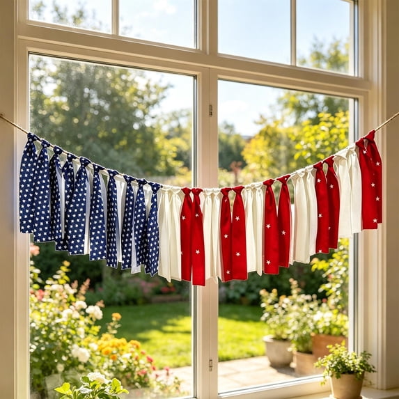 Patriotic Bunting, American Flag Bunting, Fourth of July Party Decorations, Patriotic Decorations Outdoor, 79 X 2 Inch Star Stripe Red White Blue Ribbon Banner for Patio, Lawn,