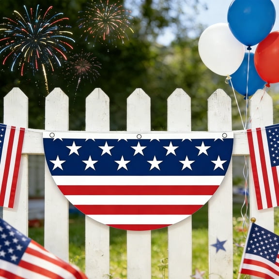 Patriotic Bunting Banner, 35x17 Inch Independence Day Fan Flag, Half Round USA Stars and Stripes Decor, 4th of July Outdoor Porch Ornament
