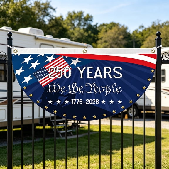 Patriotic Bunting Banner USA 250th Anniversary Half-Moon Bunting Flag with Brass Grommets 4th of July Fan-Shaped Polyester Decoration for USA 250th Birthday 1776-2026 Independence Day 5 Styles