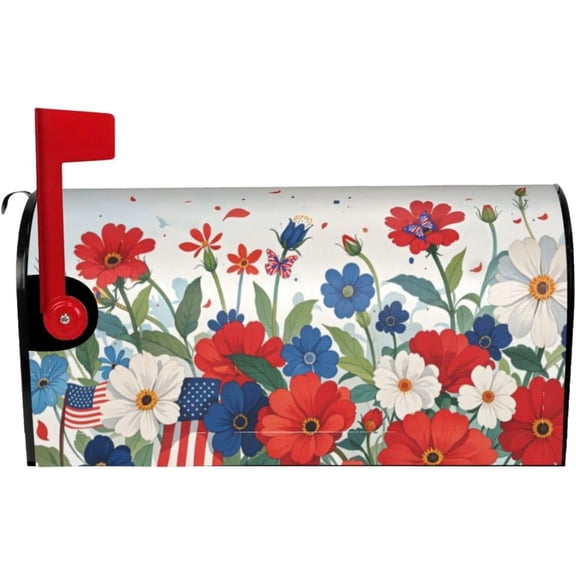 Patriotic Butterfly Floral July 4th Mailbox Cover, USA Independence Day Magnetic Mailbox Cover, Red Blue Standard Size Mail Wraps, 21" X 18" Post Letter Box for Outdoor Decoration