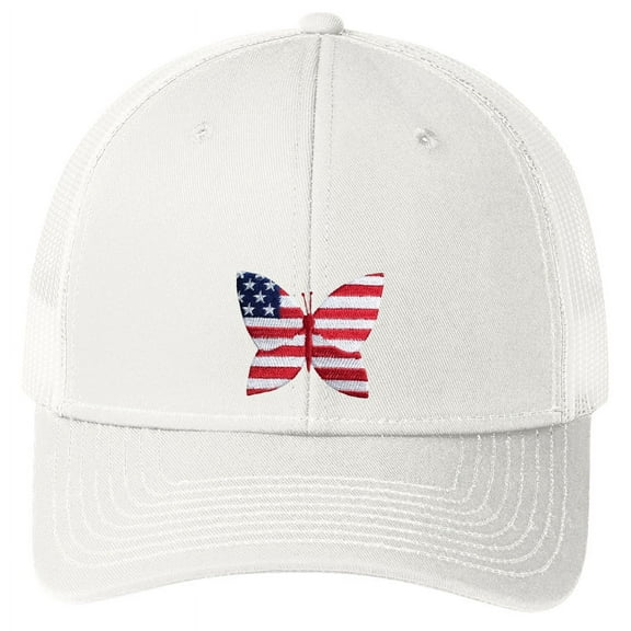 Patriotic Butterfly Patch USA Flag Trucker Mesh-Back Adult Hat Cap - Solid White