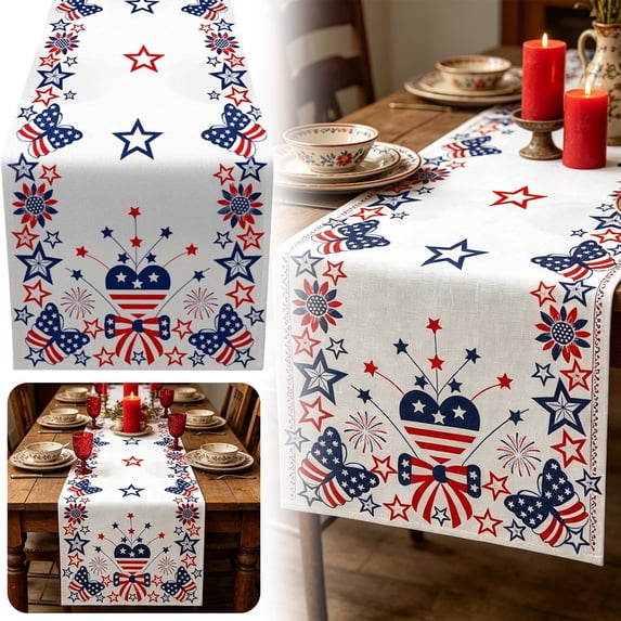 Patriotic Butterfly Table Flag, Red White Blue Star & American Flag Pattern Table Decor, Festive Banner for Independence Day & Holiday Table Runner,13"x90"