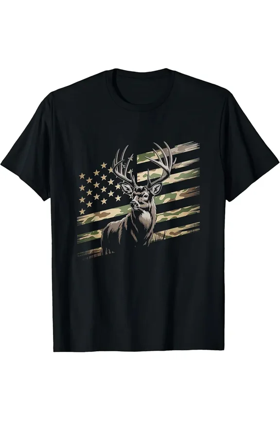 Patriotic Camo American Flag Buck Men Short Sleeve Graphic Tee Shirt