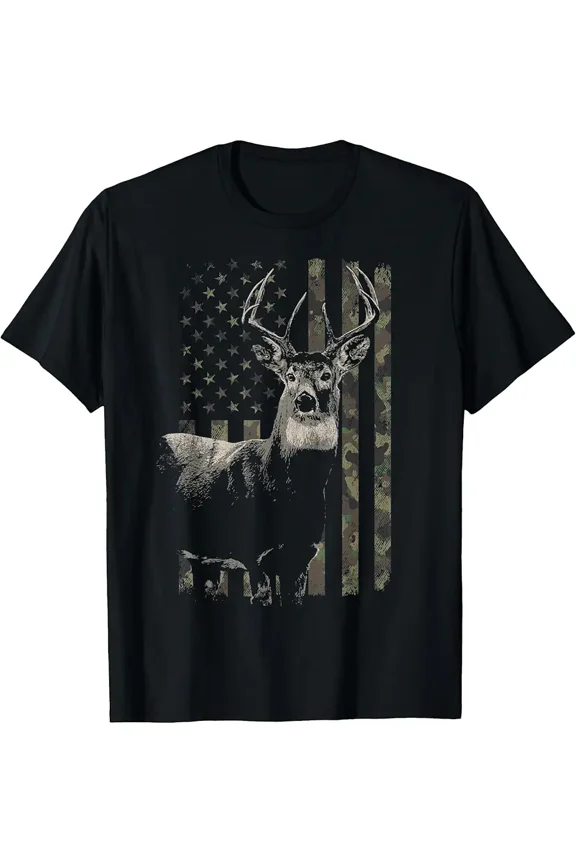 Patriotic Camo Flag Deer Buck Graphic for Men Hunting Short Sleeve Tee