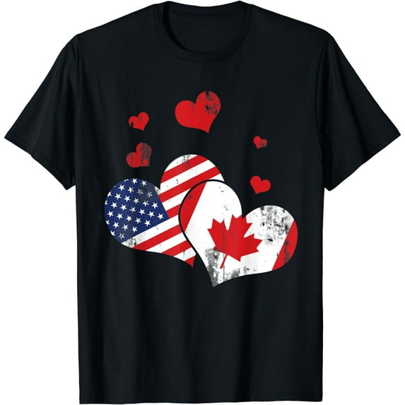 Patriotic Canadian USA Flag America Lover Hearts Canada T-Shirt