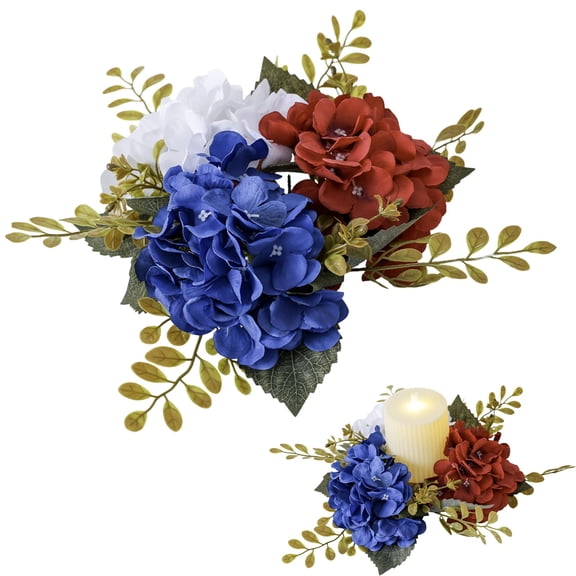 Patriotic Candle Ring 4th of July Red White Blue Artificial Wreath Candle Holder Table Centerpiece, Farmhouse Decor for Independence Day, Memorial Day & Veterans Day