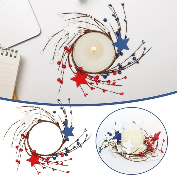 Patriotic Candle Wreaths Set of 2 - Red White Blue Pip Berry Rings for Pillar Candles - Fourth of July Kitchen & Home Decor (4 Inch Inner Diameter, Summer Theme)