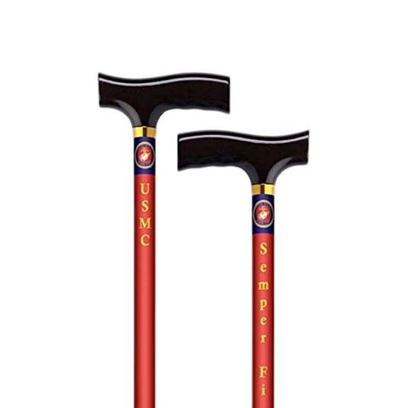 Alex Orthopedic U.S. Marines Height Adjustable Aluminum Walking Cane with Wood Handle - Patriotic Walking Stick with Safety Locking Silencer - 300lbs Weight Capacity