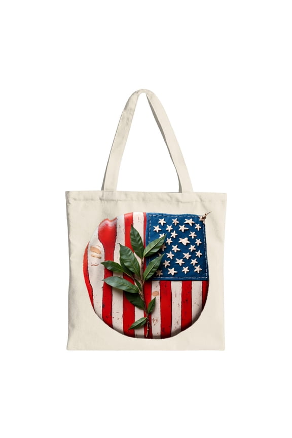 Patriotic Canvas Tote Bag with American Flag Design & Green Leaf Accent - Multifunctional Reusable Shopping Bag for Parties Travel & Everyday Use