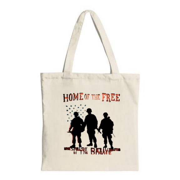 Patriotic Canvas Tote Bag with Silhouettes ' Home of the Free Of the Brave ' Design Perfect for Shopping and Travel