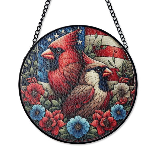 Patriotic Cardinal Pair Flag Suncatcher, Stained Glass Style UV Printed Glass, Memorial American Bird Decor, Round