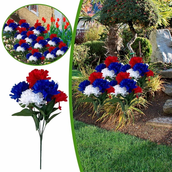 Patriotic Carnation Artificial Flower Bush Silk Fake Floral Bouquet For 4Th Of July Memorial Day Indoor Table Vase Home Porch Decor(Red-33Cm)