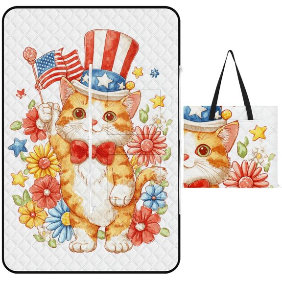 Patriotic Cat Flowers Stars Hat Waterproof Picnic Blanket with Foldable Zipper, Suitable for Outdoor Use, Suitable for Travel, Camping, Beaches, Parks, Grasslands, Picnic Blanket Accessories