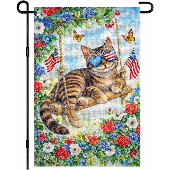 Patriotic Cat Garden Flag Double Sided Burlap 12 x 18 Inch with Swing and Sunglasses for Outdoor Yard Porch Lawn Patio Decor