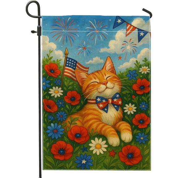 Patriotic Cat Garden Flag, Orange Tabby with Bowtie, Double Sided Outdoor Yard Banner, Independence Day Summer Decor, 12 x 18 Inch