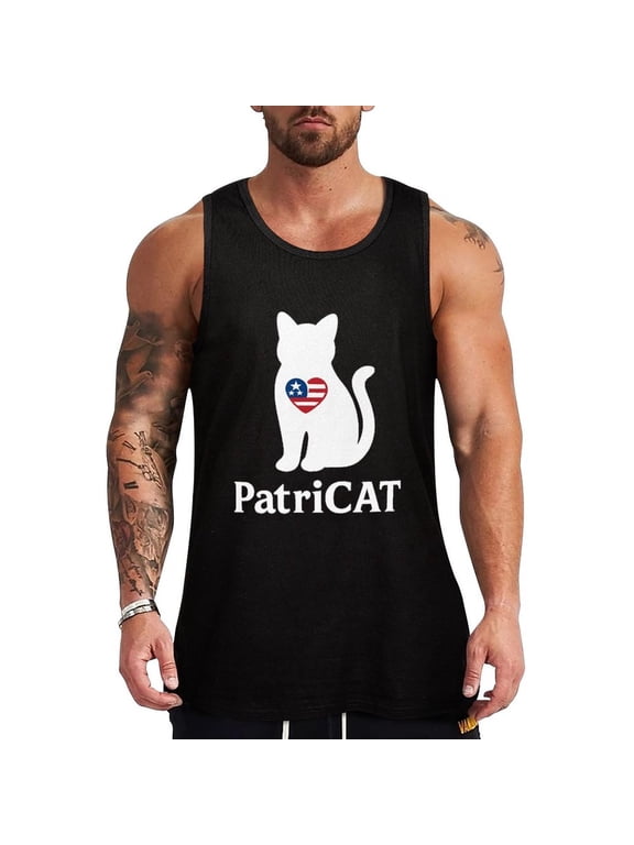 Patriotic Cat Men's Tank Tops - 100% Cotton Sleeveless Undershirts - Black Large
